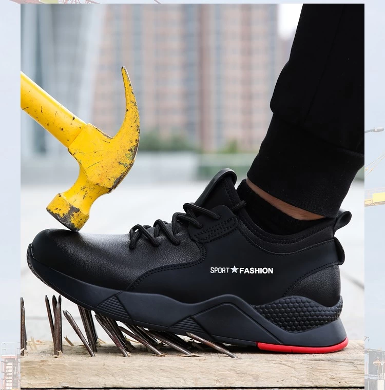 708 Zapatos de seguridad de moda de protección laboral con punta de acero de cuero de microfibra negro para hombres