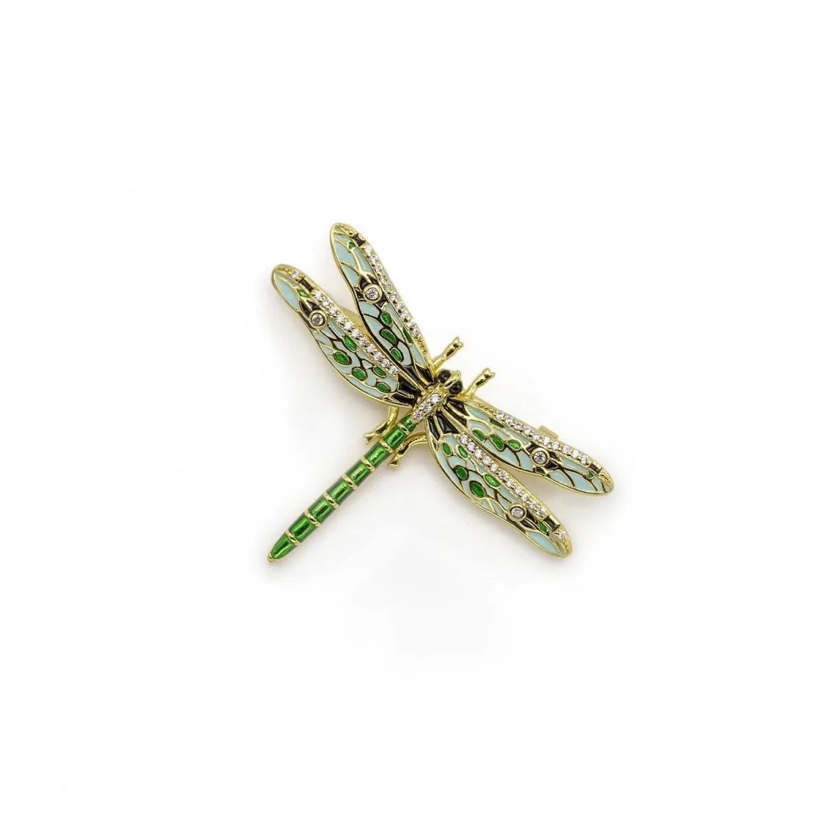 Broche de plata baado en oro con diseo de libelula compuesta por zirconitas multicolor
