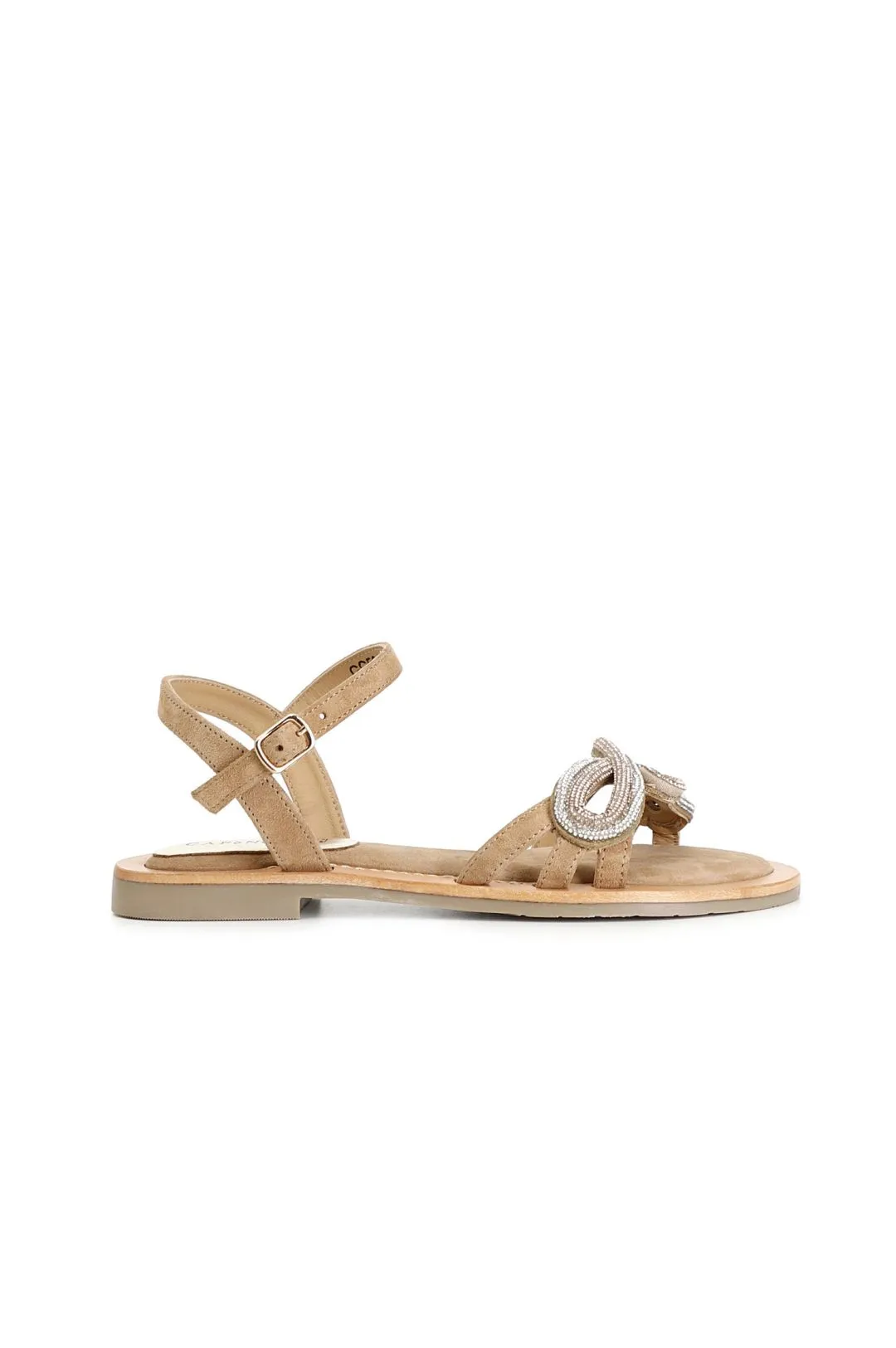 sandalias gilda de ante con accesorio de pedrería tan