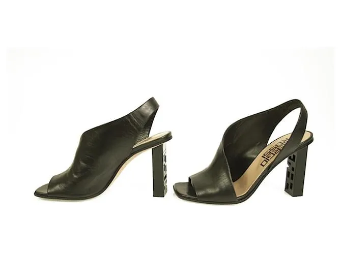 Sergio Rossi Negro Cuero Logo talón Open Toe Slingback Sandals sz 37, Zapatos 