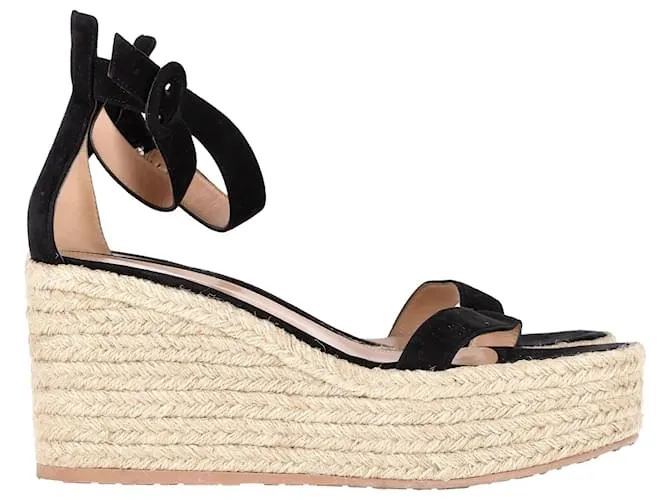 Zapatos de cuña de esparto en cuero negro Gianvito Rossi Portofino 