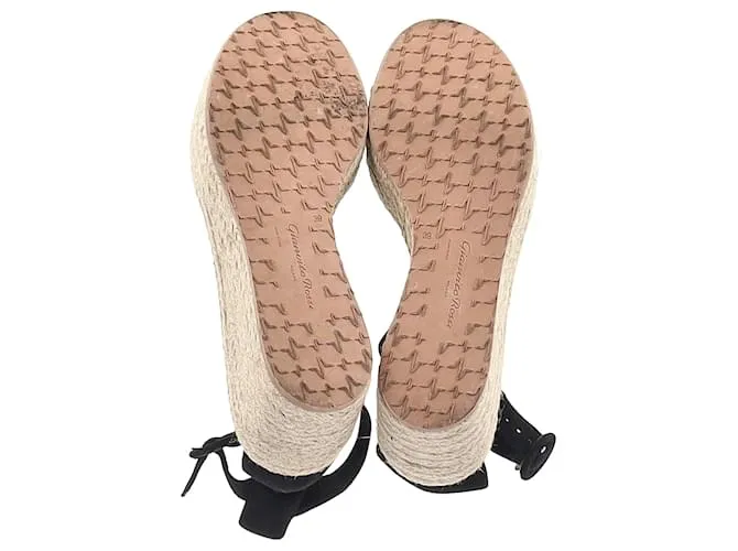 Zapatos de cuña de esparto en cuero negro Gianvito Rossi Portofino 